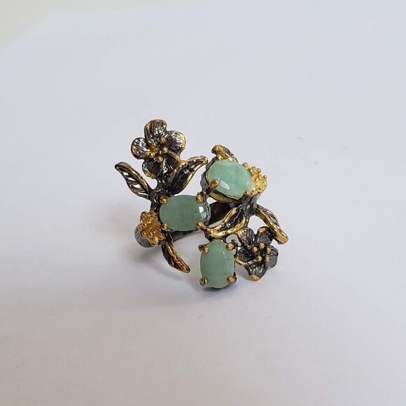 New EMERALD Sterling Silver Ring 925 Floral Artisan Gold Accents - Picture 11 of 15